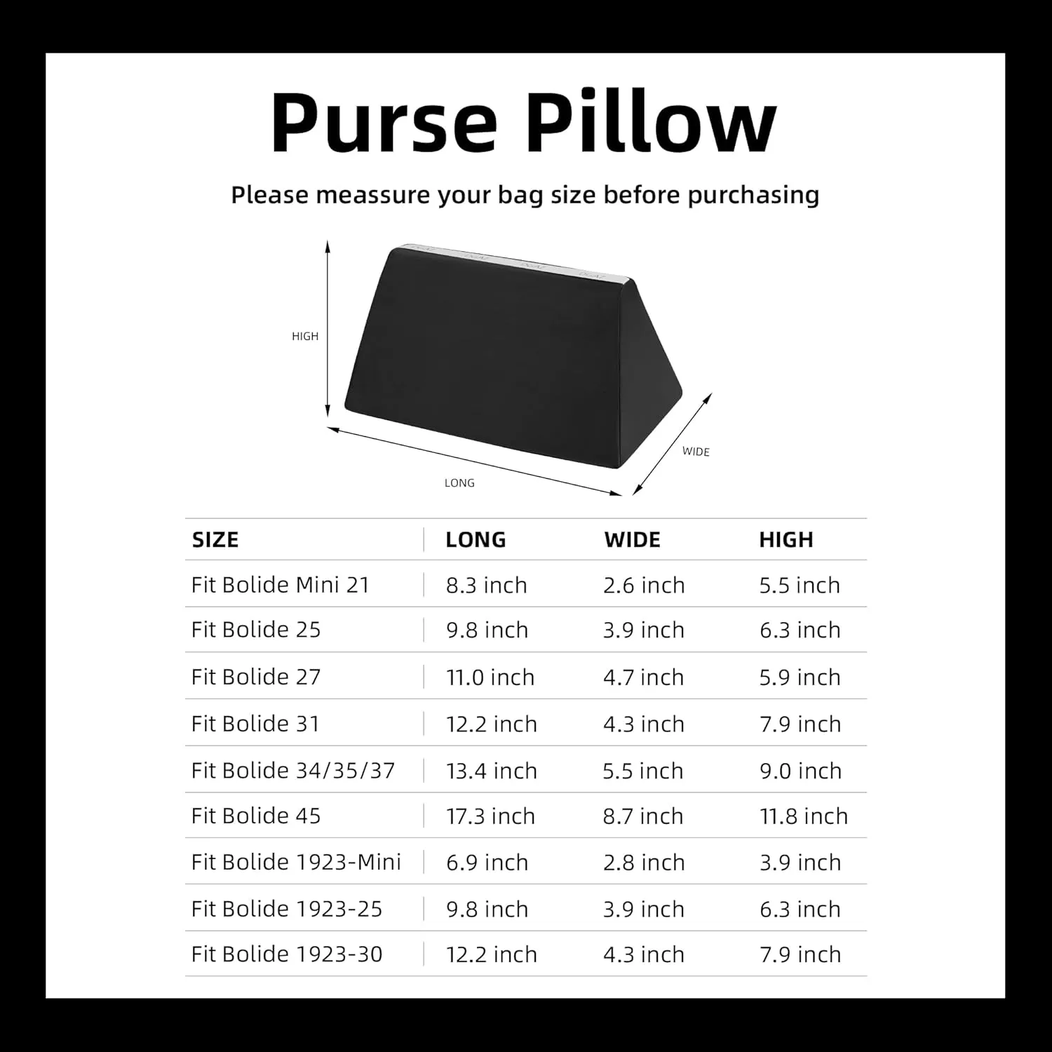 DGAZ Purse Pillow Shaper Insert for Bolide Bags, Silky Pillow Shaper for Luxury Handbags(Black,1923 25)