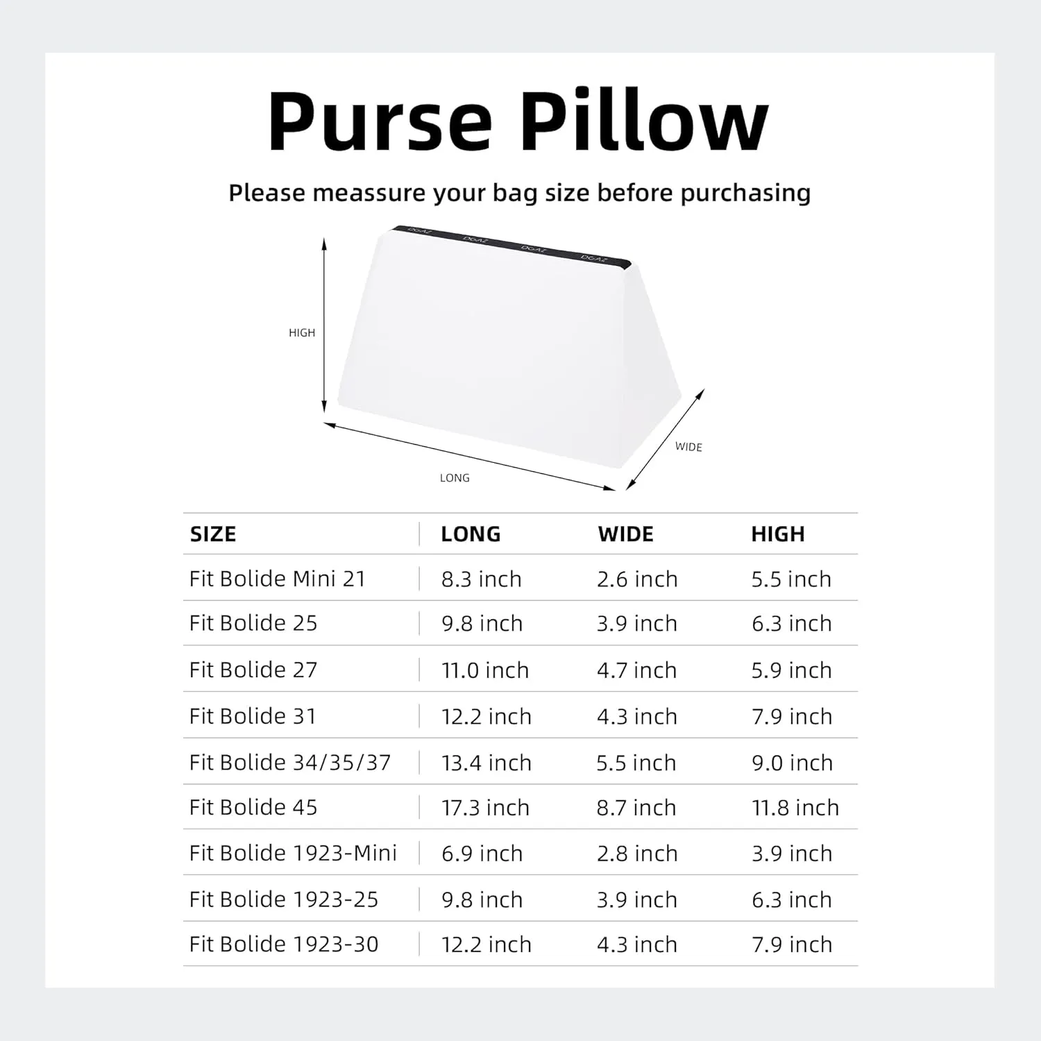 DGAZ Purse Pillow Shaper Insert for Bolide Bags, Silky Pillow Shaper for Luxury Handbags(White,1923 mini)