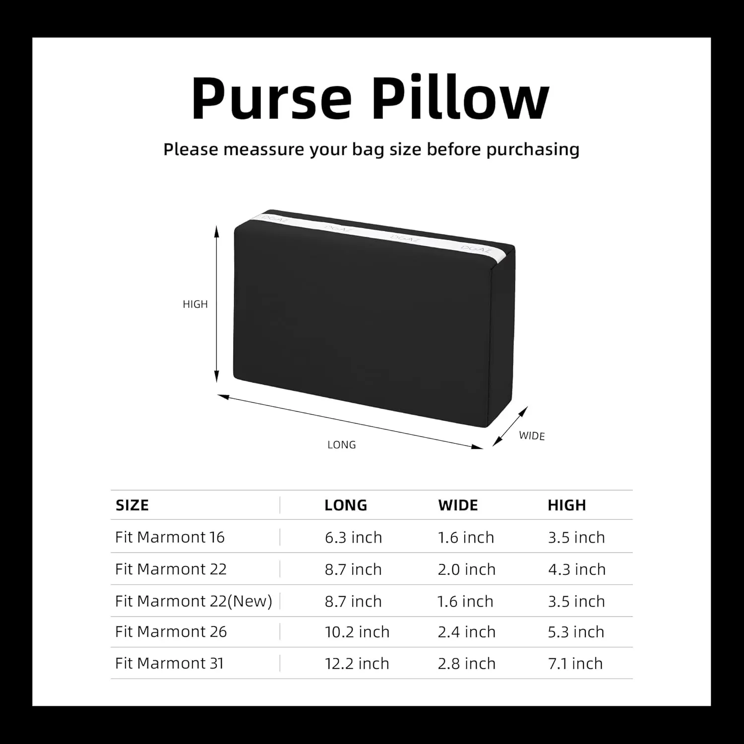 DGAZ Purse Pillow Shaper Insert for Gucci Marmont Bag, Silky Pillow Shaper for Luxury Handbags(Black,Marmont26)