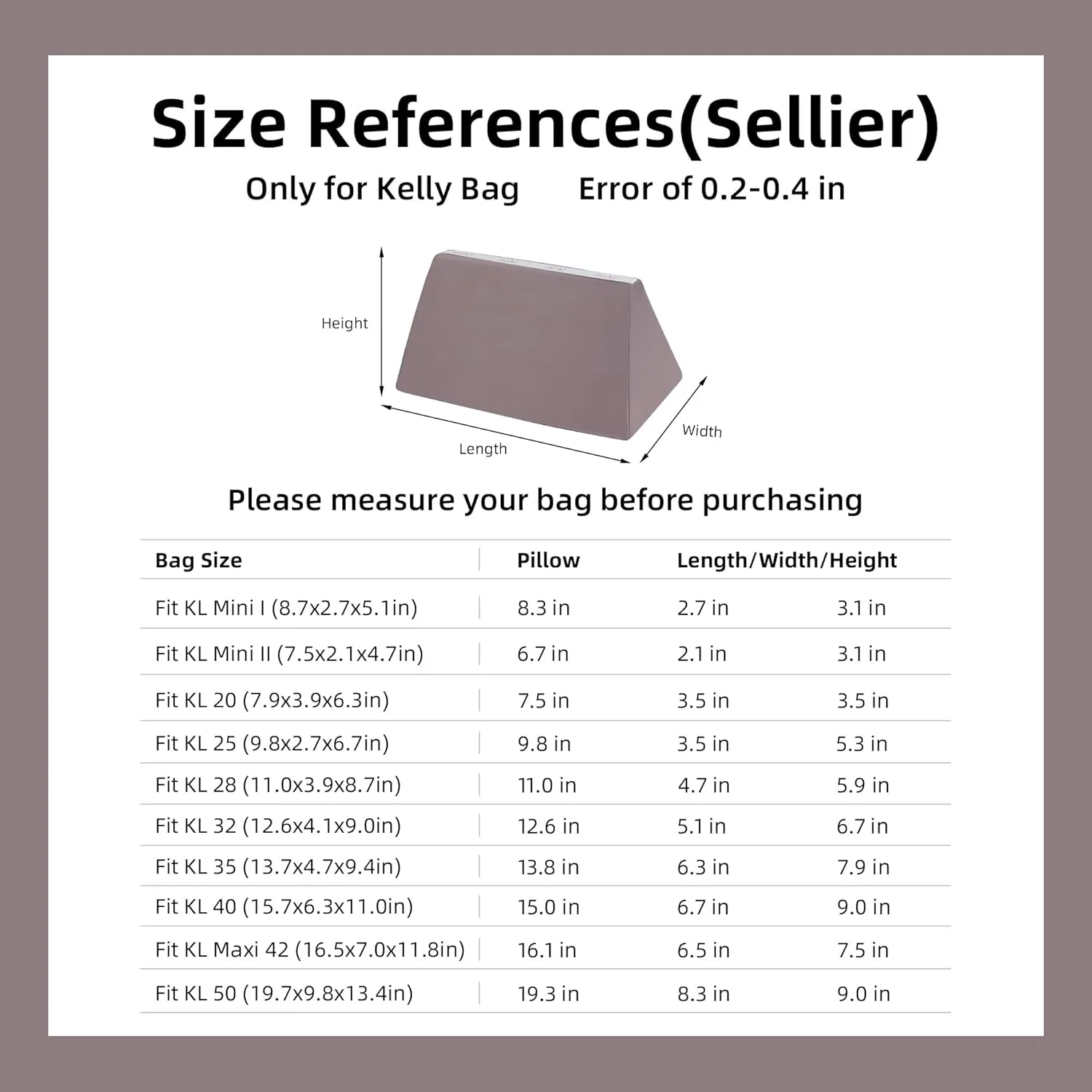 DGAZ Purse Pillow Shaper Insert for Hermes Kelly Bags, Silky Pillow Shaper for Luxury Handbags(Konjac purple,KL25 Sellier)