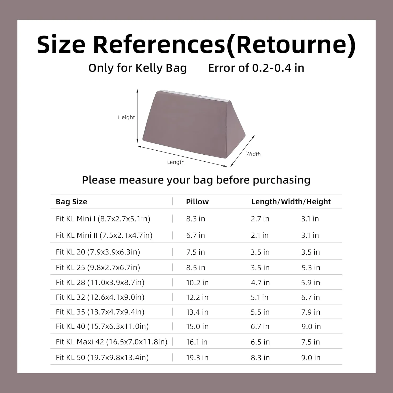 DGAZ Purse Pillow Shaper Insert for Hermes Kelly Bags, Silky Pillow Shaper for Luxury Handbags(Konjac purple,KLmini2)