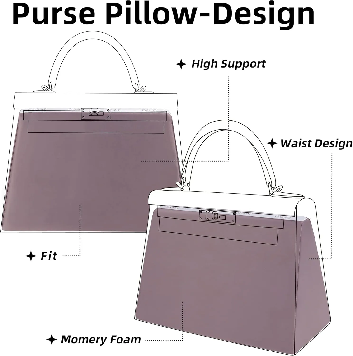 DGAZ Purse Pillow Shaper Insert for Hermes Kelly Bags, Silky Pillow Shaper for Luxury Handbags(Konjac purple,KLmini2)