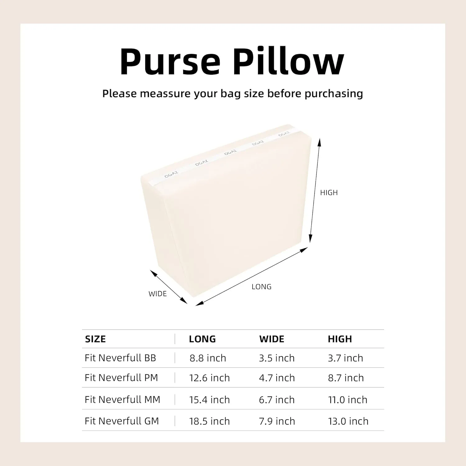 DGAZ Purse Pillow Shaper Insert for Neverfullbag, Silky Pillow Shaper for Luxury Handbags(Craie,MM)