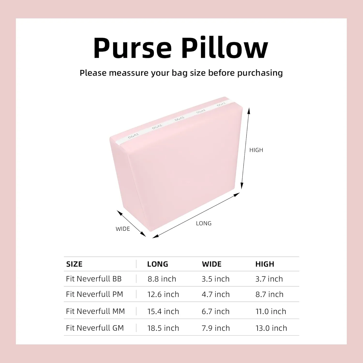 DGAZ Purse Pillow Shaper Insert for Neverfullbag, Silky Pillow Shaper for Luxury Handbags(Pink,MM)