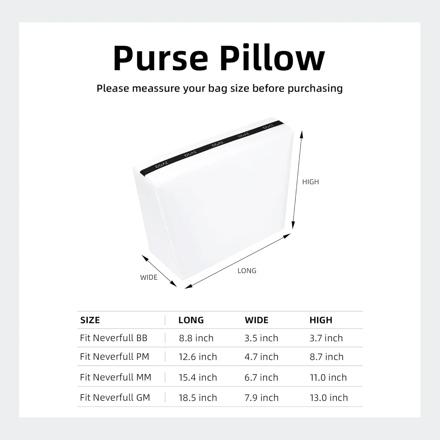 DGAZ Purse Pillow Shaper Insert for Neverfullbag, Silky Pillow Shaper for Luxury Handbags(White,MM)