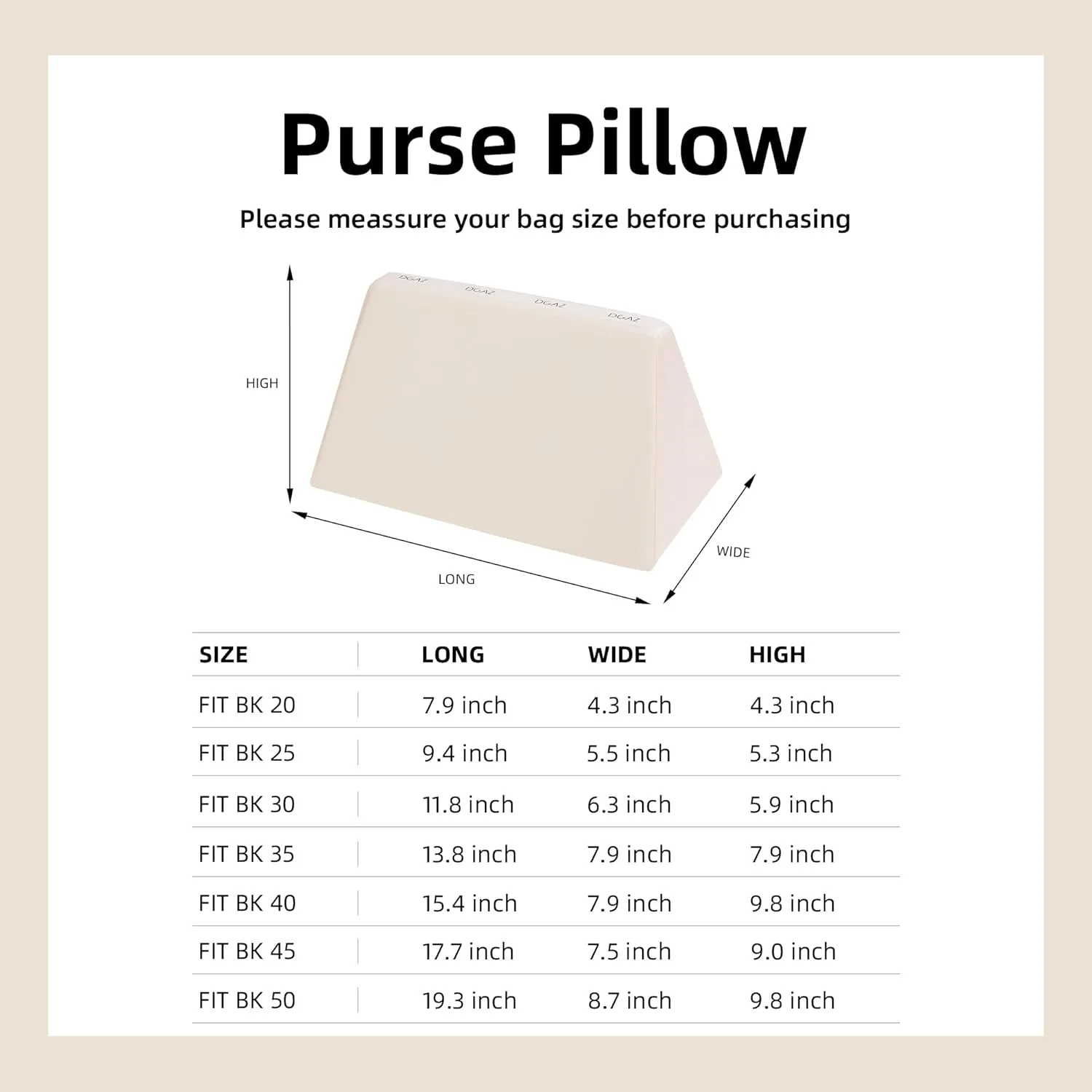DGAZ Purse Pillow Shaper Insert,Luxury Handbag Tote Shapers, Memory Foam- Fits Birkin 20/25/30/35/40/45/50 Bag(Craie,BK30 Retourne)