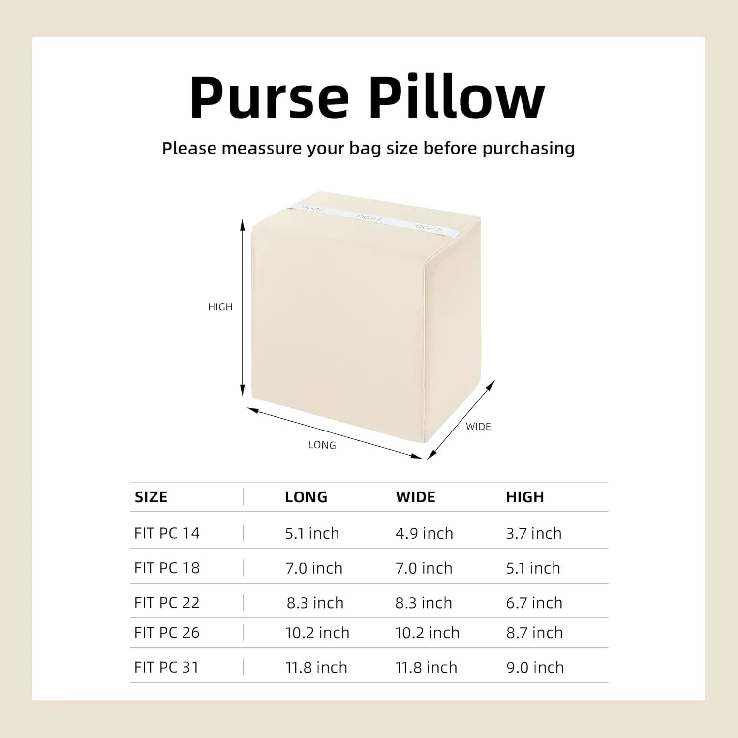 DGAZ Purse Pillow Shaper Insert,Luxury Handbag Tote Shapers, Memory Foam- Fits picotin14/18/22/26/31Bags(Craie,PC18)