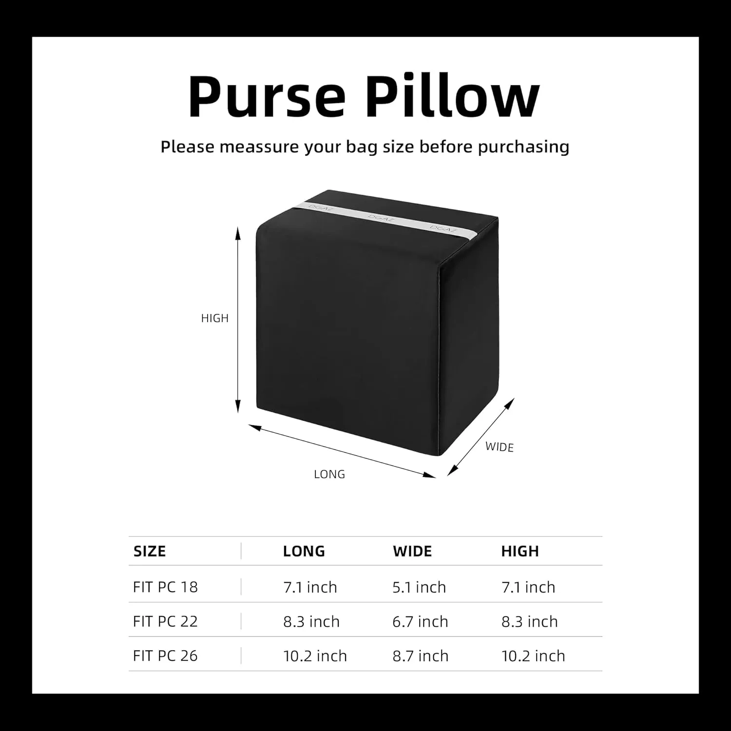 DGAZ Purse Pillow Shaper Insert,Luxury Handbag Tote Shapers, Memory Foam- Fits picotin18/22Bags (Black,PC18)