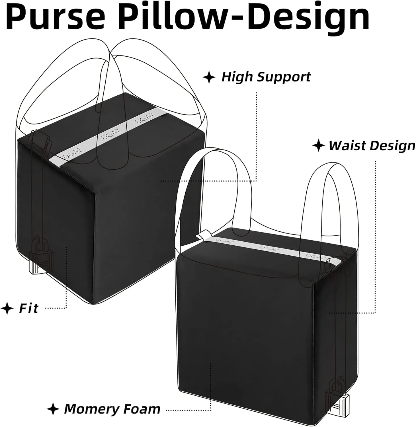 DGAZ Purse Pillow Shaper Insert,Luxury Handbag Tote Shapers, Memory Foam- Fits picotin18/22Bags (Black,PC18)