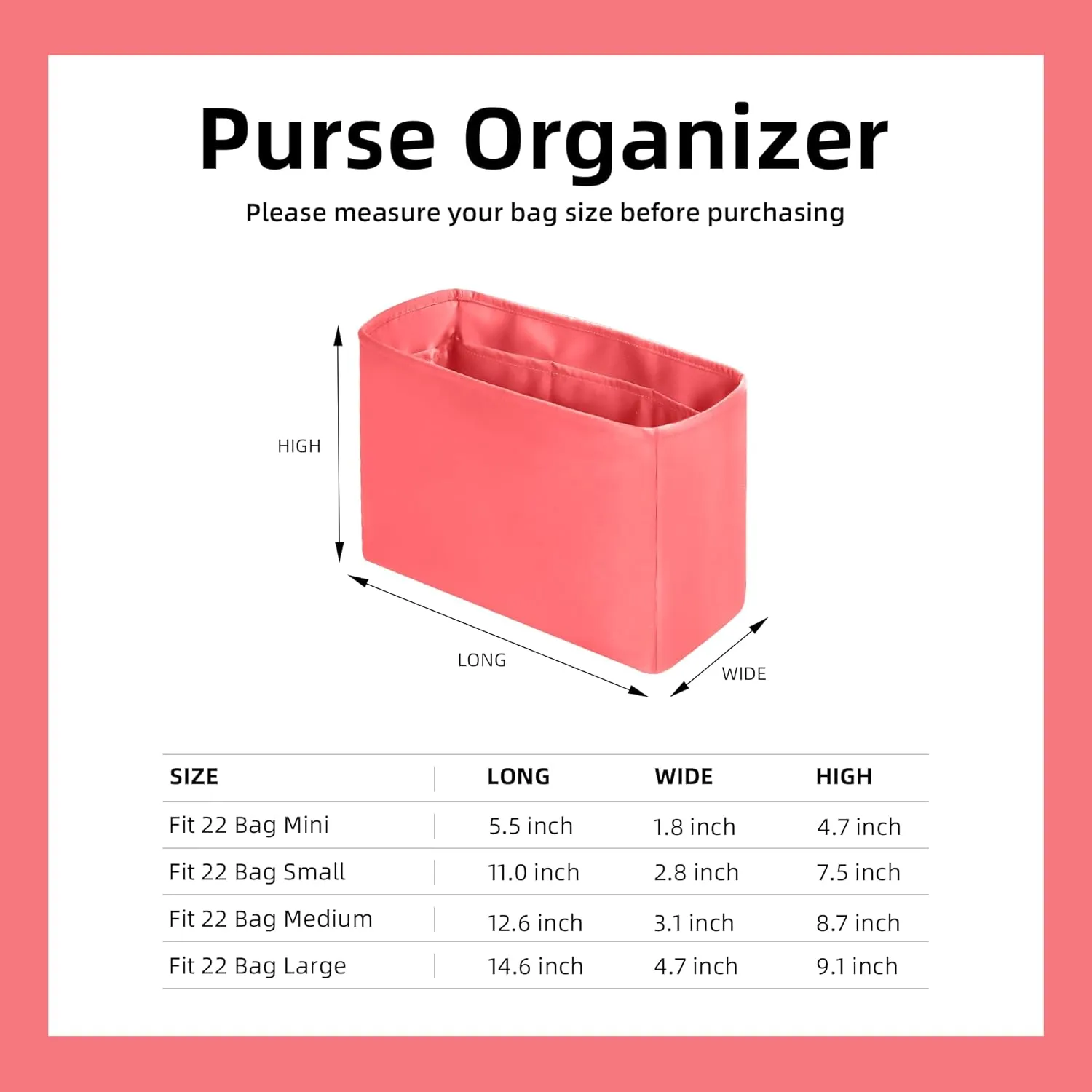 DGAZ Silk Purse Organizer Insert Fits Chanel 22 Mini/S/M/L bag，Silky Smooth Bag Organizer，Luxury Handbag & Tote Shaper(Rose lipstick,S)