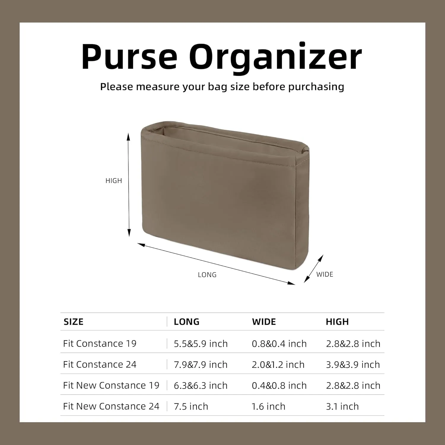 DGAZ Silk Purse Organizer Insert Fits Constance 19/New19/24/New24 bag，Silky Smooth Bag Organizer，Luxury Handbag & Tote Shaper（Etoupe grey，newC19）