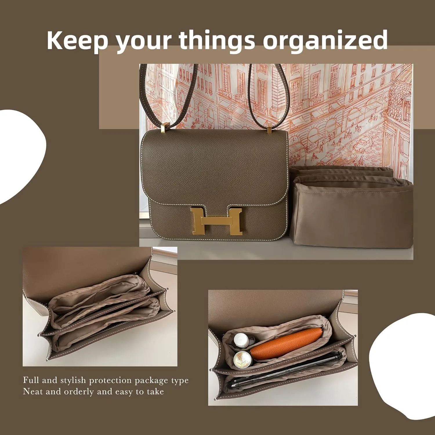 DGAZ Silk Purse Organizer Insert Fits Constance 19/New19/24/New24 bag，Silky Smooth Bag Organizer，Luxury Handbag & Tote Shaper（Etoupe grey，newC19）