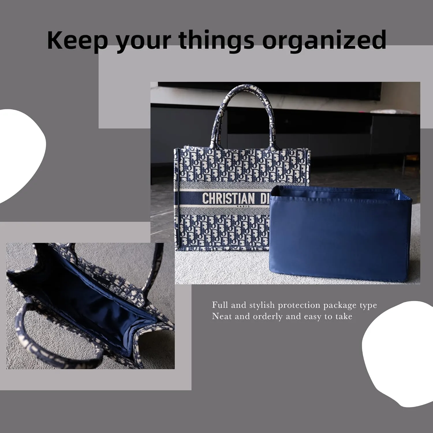 DGAZ Silk Purse Organizer Insert Fits Dior Book Tote mini/S/M/L，Silky Smooth Bag Organizer，Luxury Handbag & Tote Shaper（Treasure blue，BT-S）
