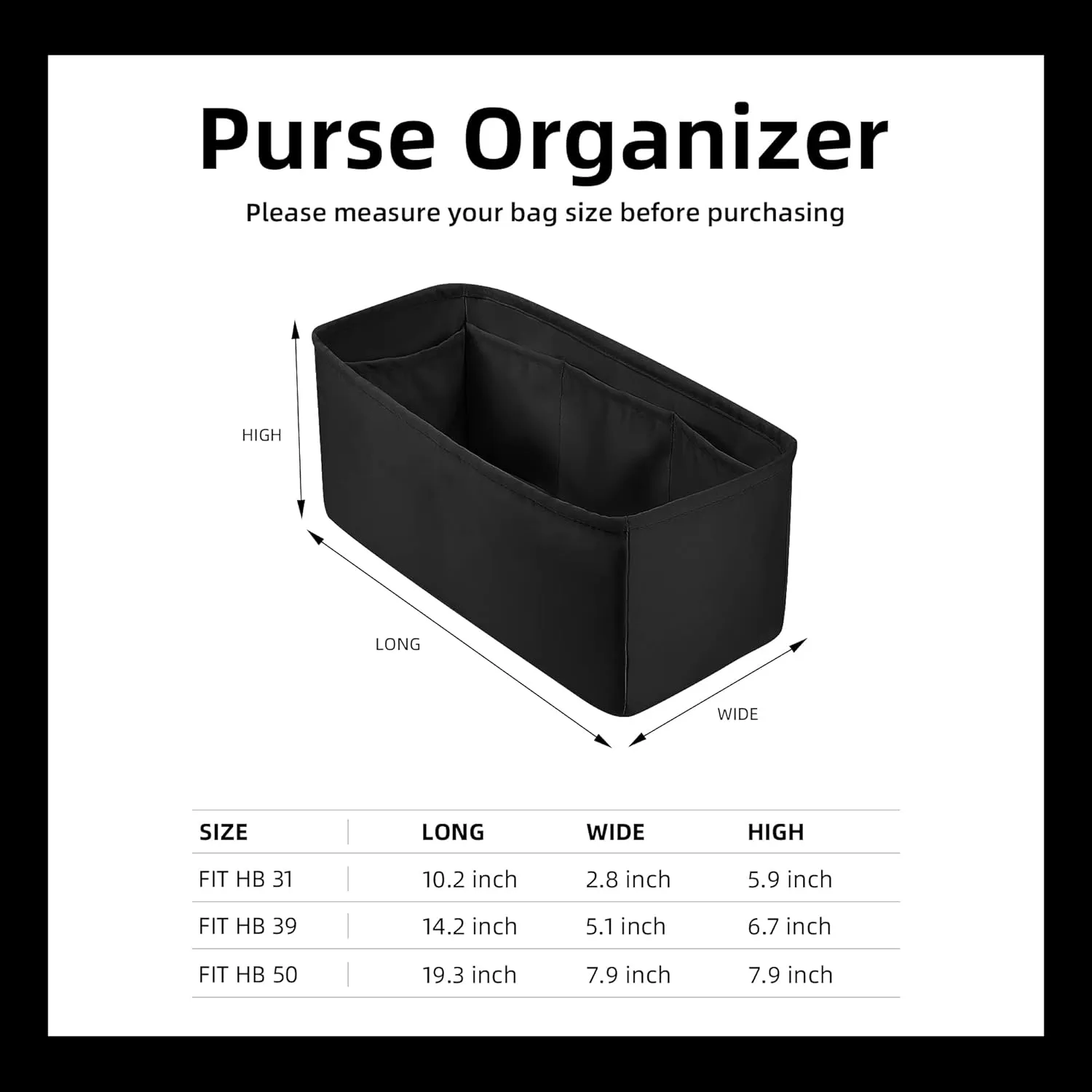 DGAZ Silk Purse Organizer Insert Fits Hermes Herbag 31/39/50 Bags, Luxury Handbag & Tote Organiser, Simplicity bag insert（Black,H31）