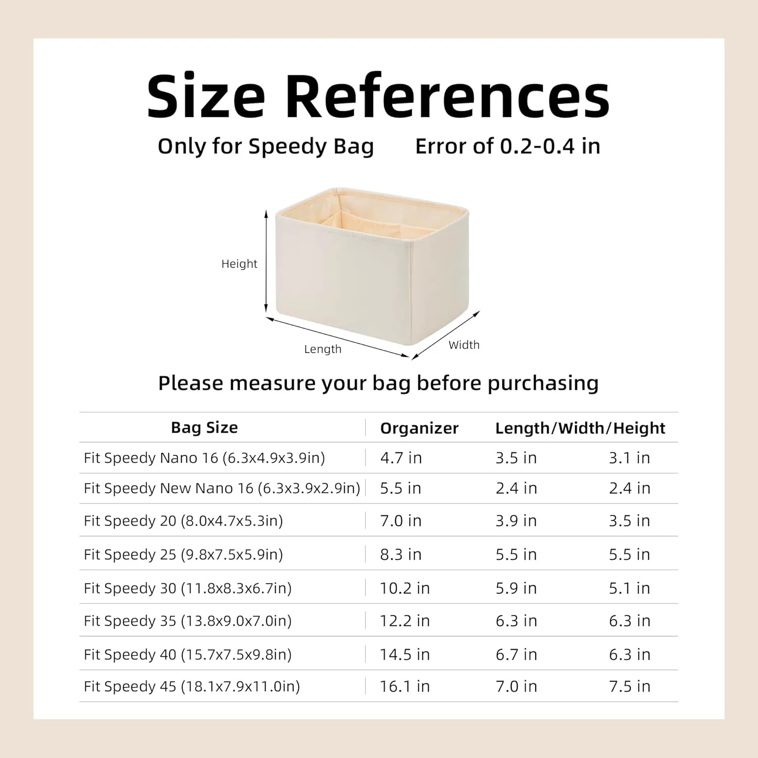 DGAZ Silk Purse Organizer Insert Fits LV Speedy 16/20/25/30/35/45 bags，Silky Smooth Bag Organizer，Luxury Handbag & Tote Shaper（Craie，SP20）