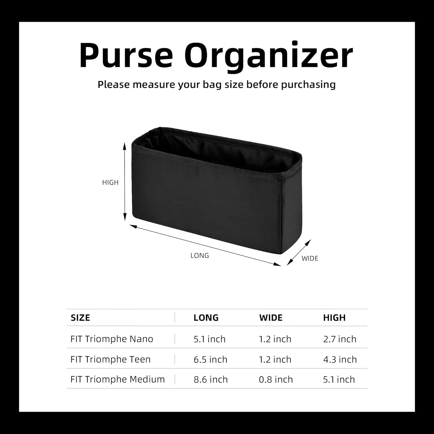 DGAZ Silk Purse Organizer Insert For Celine Triomphe Nano/Teen/Medium Bags,Silky Smooth Bag Organizer，Luxury Handbag & Tote Shaper(Black,Triomphe Teen)