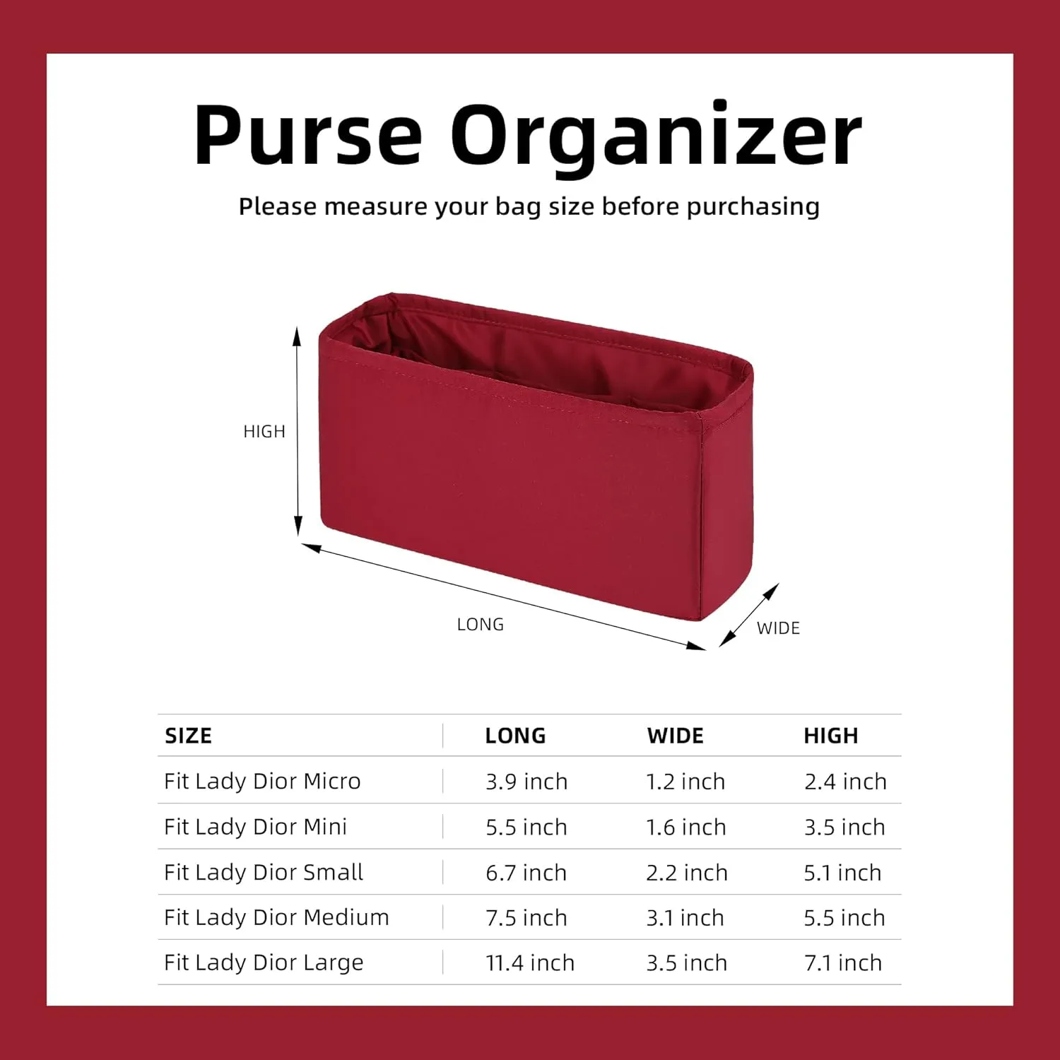 DGAZ Silk Purse Organizer Insert For Lady-Dior Micro/Mini/S/M/L bags，Silky Smooth Bag Organizer，Luxury Handbag & Tote Shaper（Wine Red，L）
