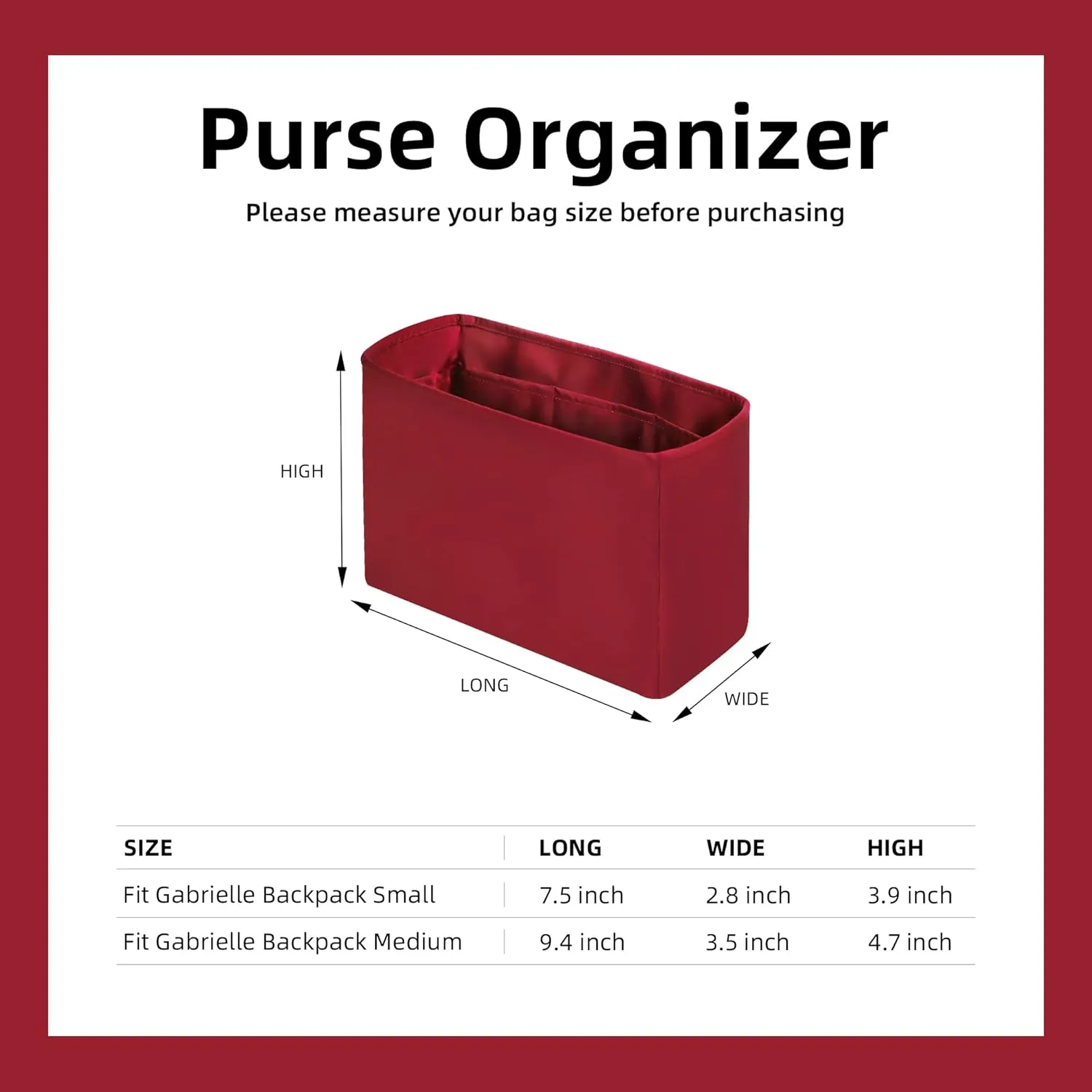 DGAZ Silky Purse Organizer Insert for Chanel Gabrielle Backpack S/M Bags, Luxury Handbag & Tote Organizer, Simplicity bag organizer (Wine Red,S)