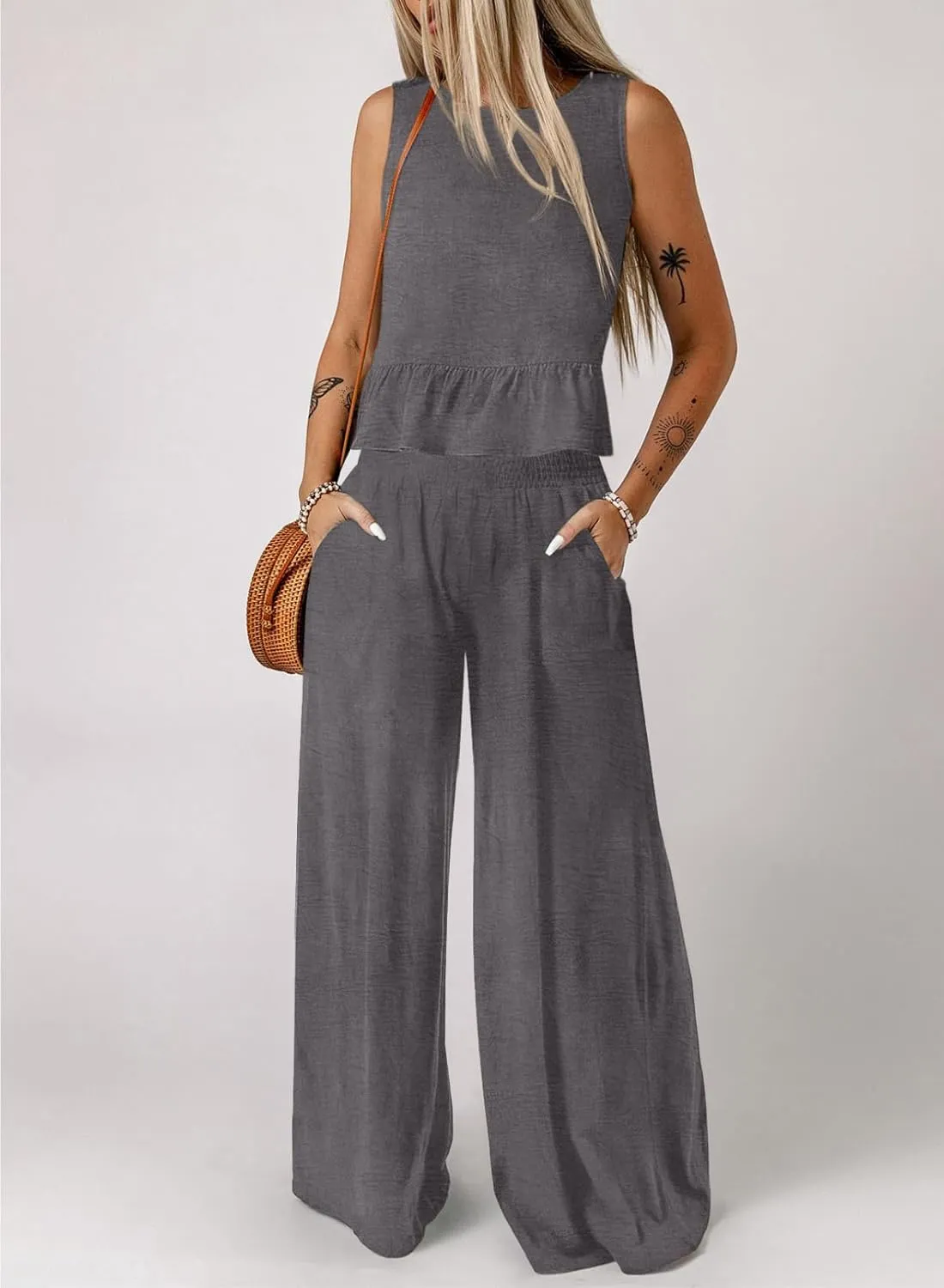 Dokotoo Pants Sets Women 2 Piece Outfits Sleeveless Round Neck Tank Tops Matching Sets for Women Elastic Waist Wide Leg