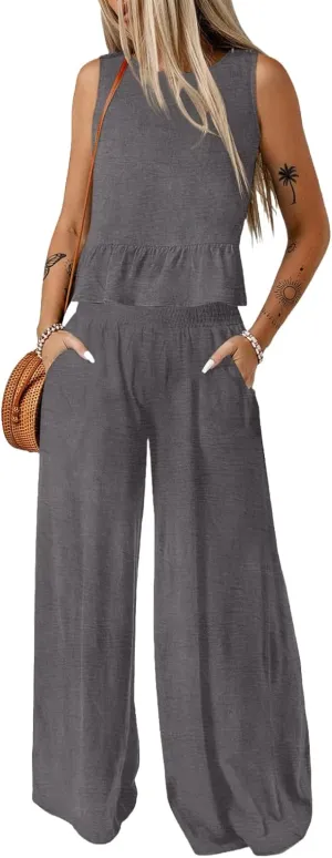 Dokotoo Pants Sets Women 2 Piece Outfits Sleeveless Round Neck Tank Tops Matching Sets for Women Elastic Waist Wide Leg