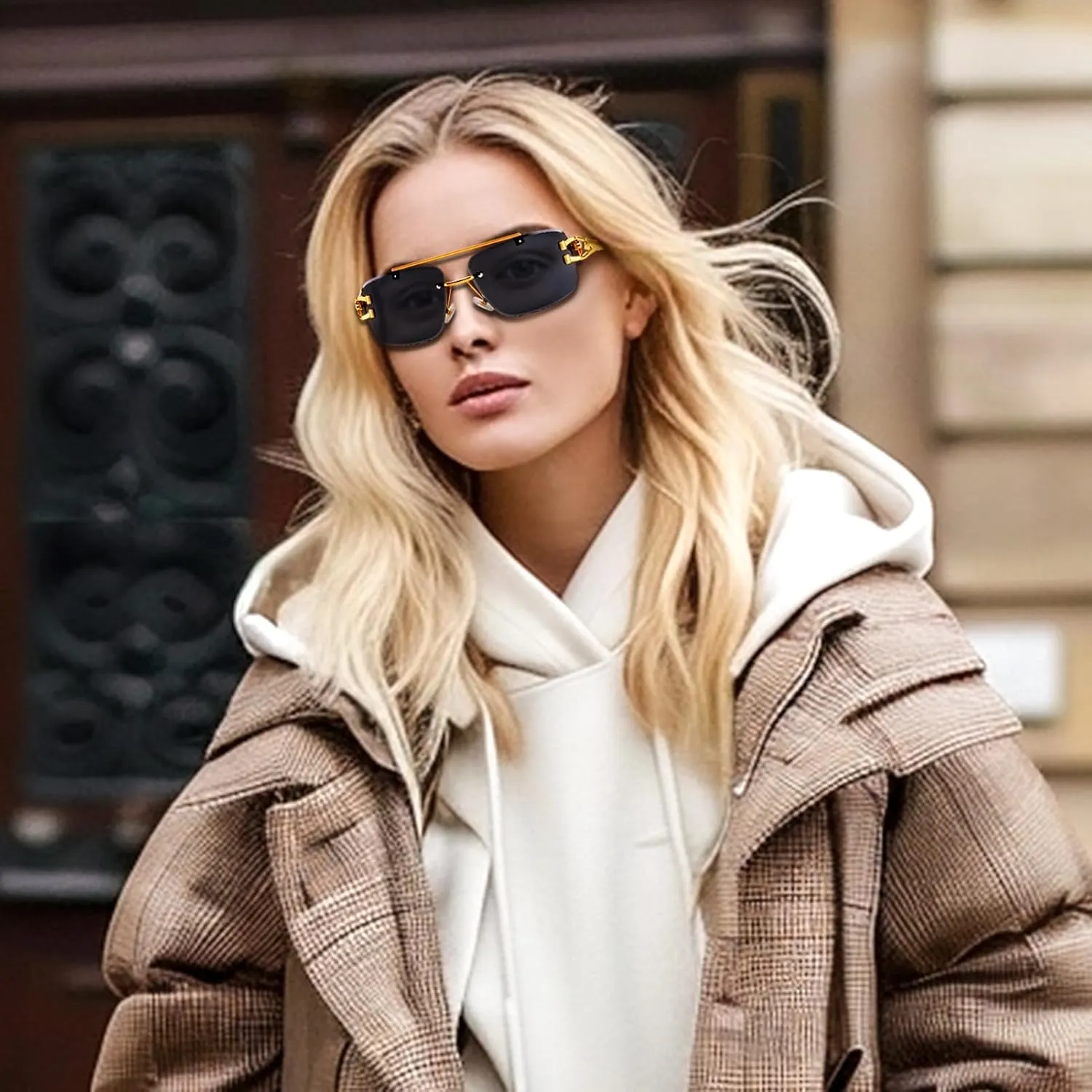 Dollger Rimless Rectangle Sunglasses for Women Men Fashion Hip hop Frameless Designer Shades Wooden Y2K Square Glasses