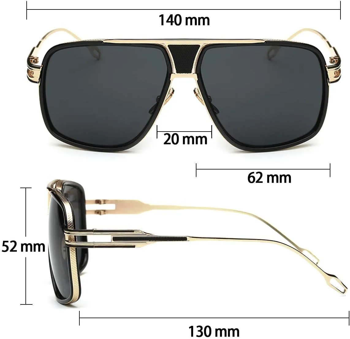 Dollger Sunglasses for Men Oversize Classic Black Shades Goggle Retro Gold Alloy Frame Sun Glasses