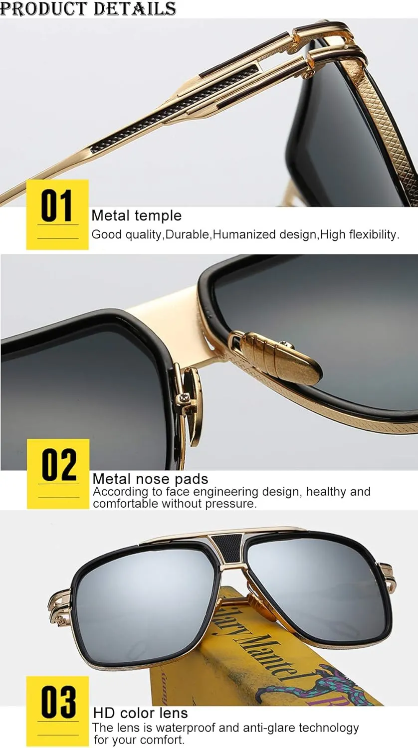 Dollger Sunglasses for Men Oversize Classic Black Shades Goggle Retro Gold Alloy Frame Sun Glasses