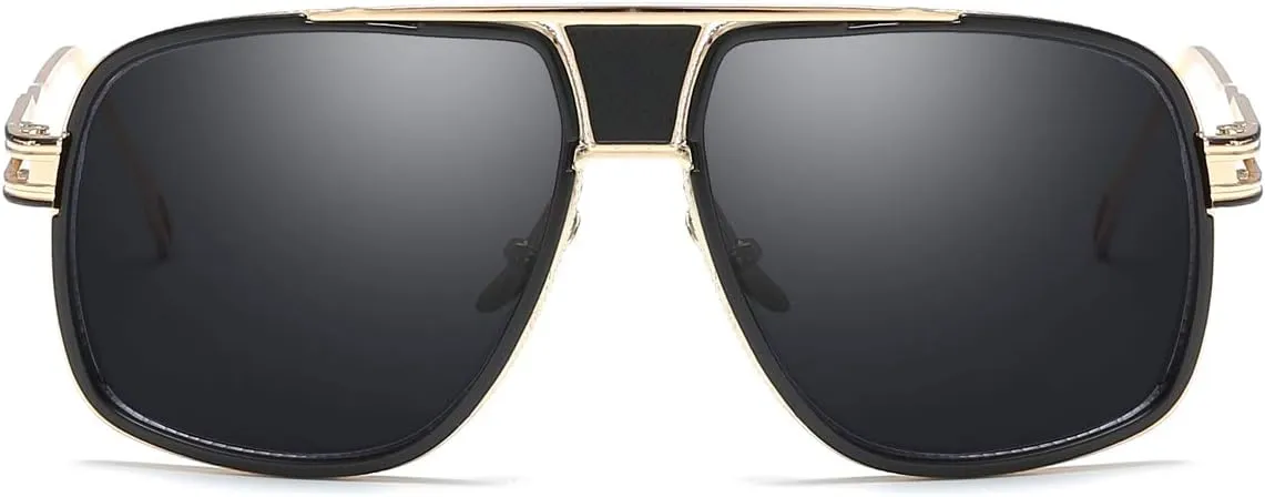Dollger Sunglasses for Men Oversize Classic Black Shades Goggle Retro Gold Alloy Frame Sun Glasses