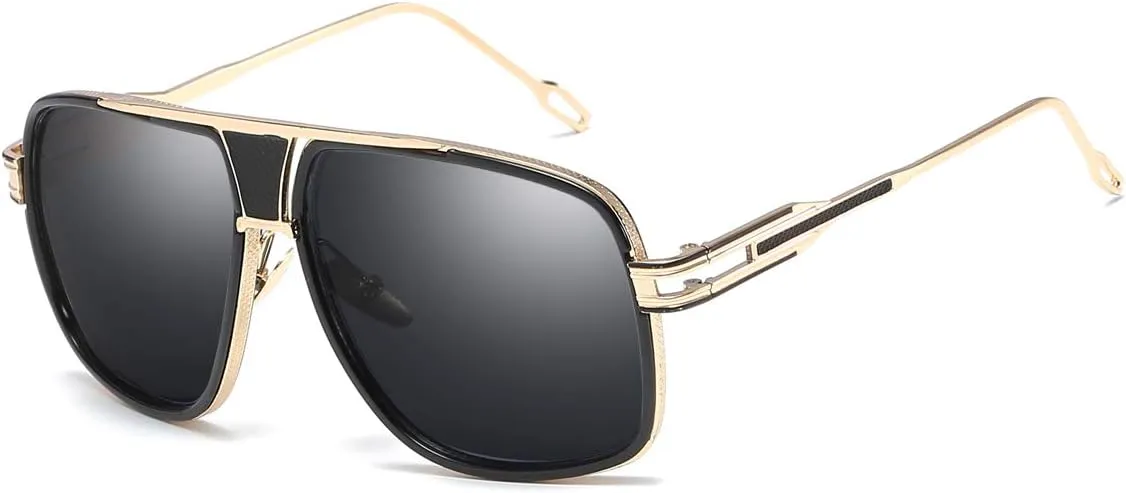 Dollger Sunglasses for Men Oversize Classic Black Shades Goggle Retro Gold Alloy Frame Sun Glasses