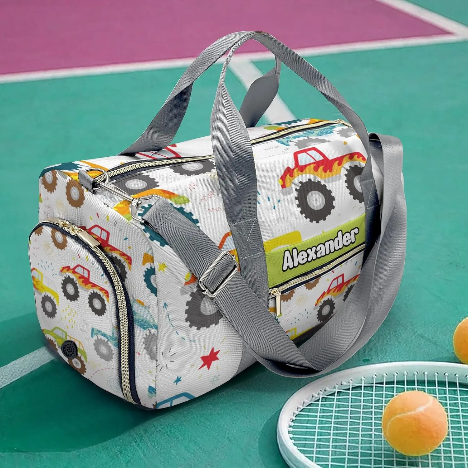 Doodle Monster Truck Personalized Gym Dance Bag for Girls Boys,Custom Name Sport Duffel Bag Weekender Bags Carry On Travel Duffel Bag