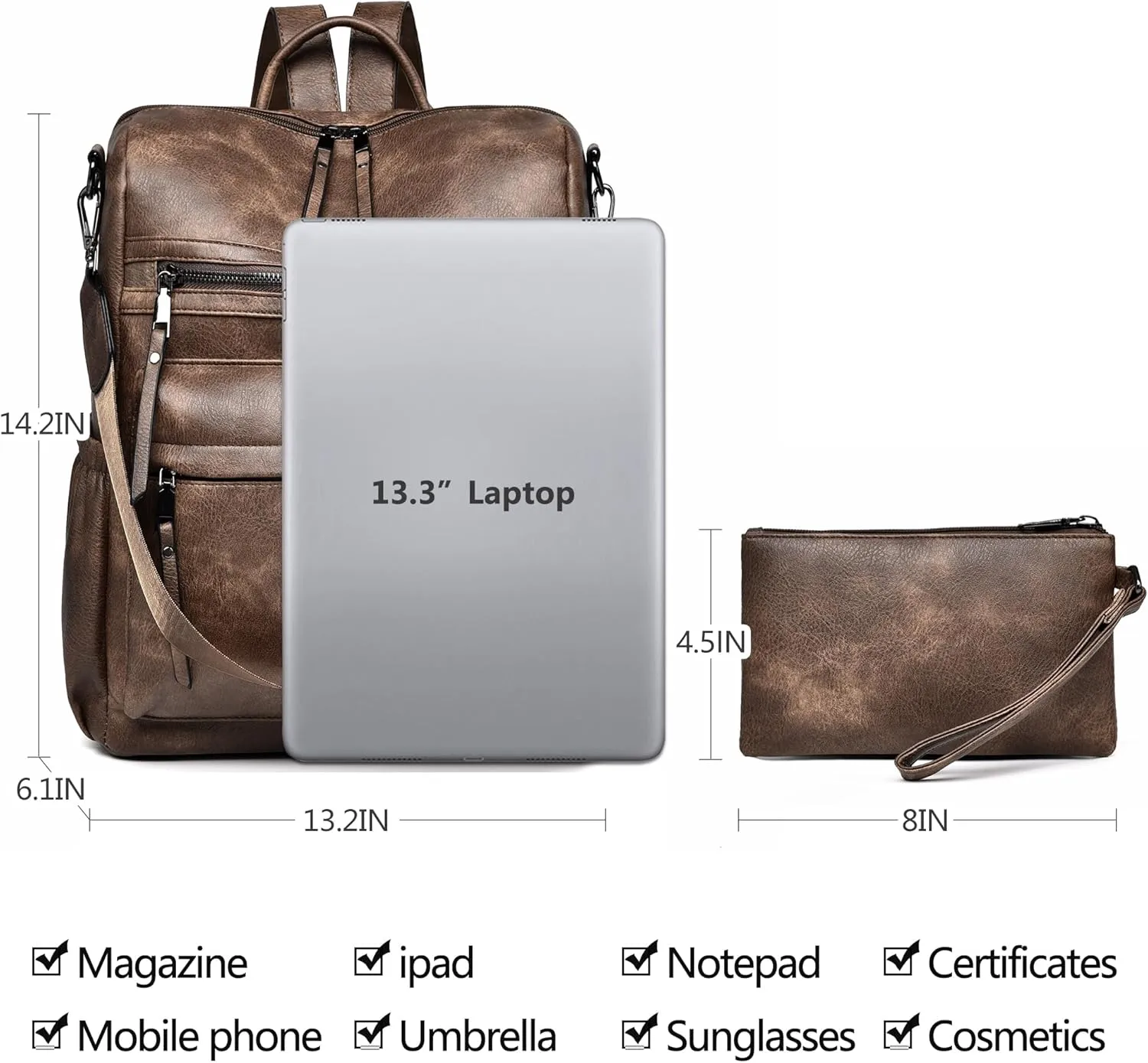 Dora & Liz Womens Backpack Purse Leather Fashion Travel Backpack Purse for Women Designer Ladies Shoulder Bags with Wristlet