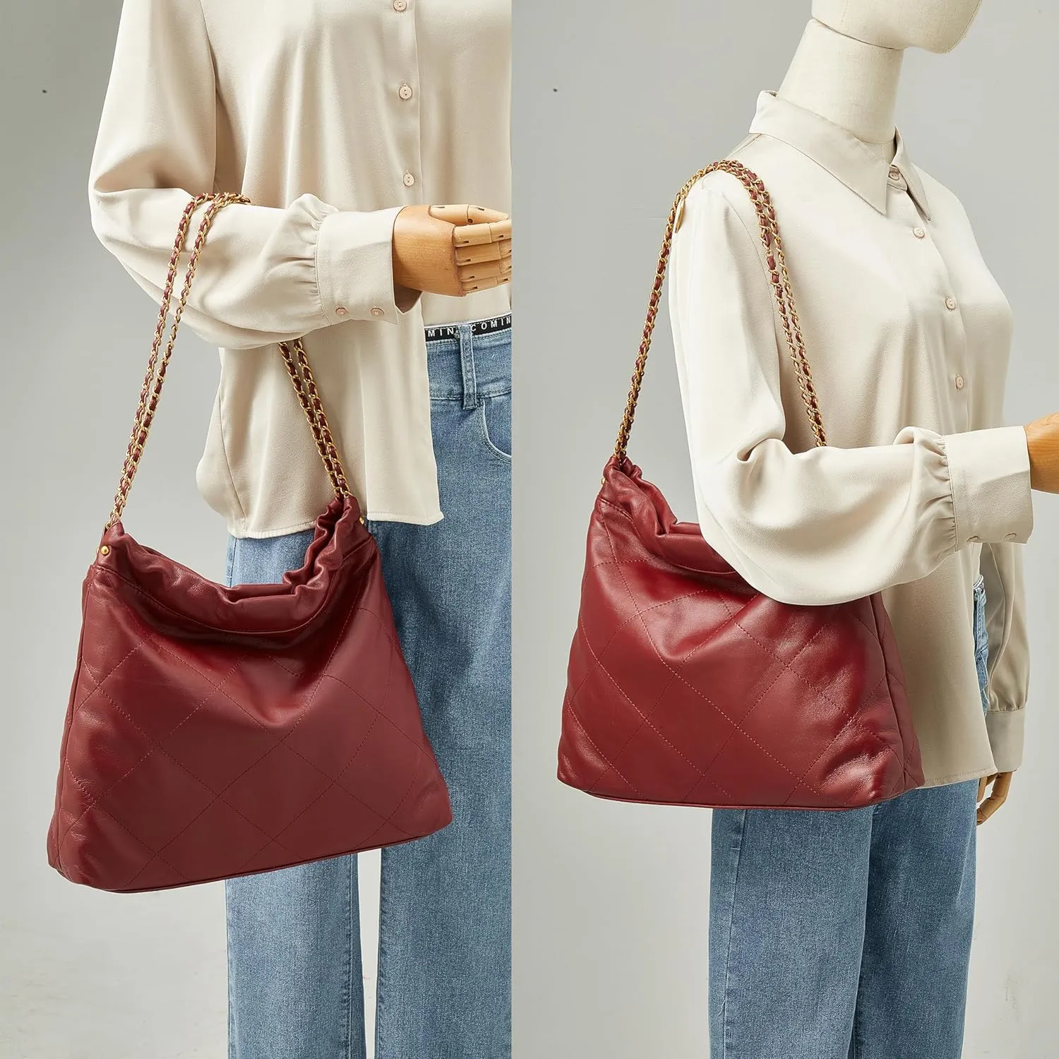 DORIS&JACKY Quilted Tote Bag Set For Women Soft Lambskin Shoulder Purse And Large Leather Work Handbag With 1 Small Clutch