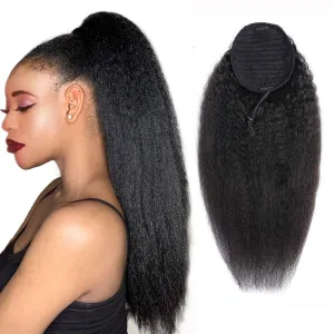 Drawstring Ponytail Extension Human Hair for Black Women - Afro Kinky Straight, Yaki, Brazilian Virgin, Natural Black Color (16 Inches)