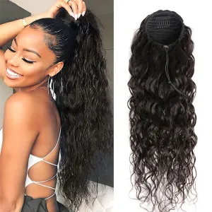 Drawstring Ponytail Water Wave Human Hair Clip in Hair Extension Curly Wave Natural Black 100% Brazilian Human Hair Ponytails Afro for Black Women Ponytail (16 Inches,115g)
