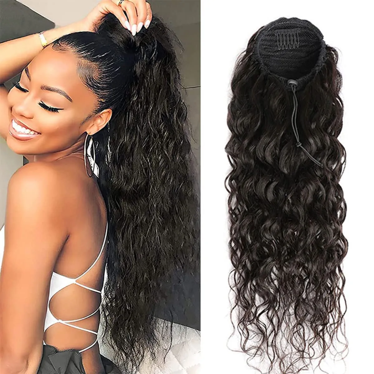 Drawstring Ponytail Water Wave Human Hair Clip in Hair Extension Curly Wave Natural Black 100% Brazilian Human Hair Ponytails Afro for Black Women Ponytail (16 Inches,115g)