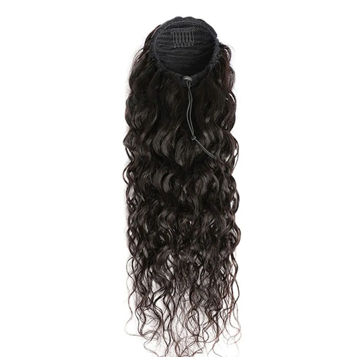Drawstring Ponytail Water Wave Human Hair Clip in Hair Extension Curly Wave Natural Black 100% Brazilian Human Hair Ponytails Afro for Black Women Ponytail (16 Inches,115g)