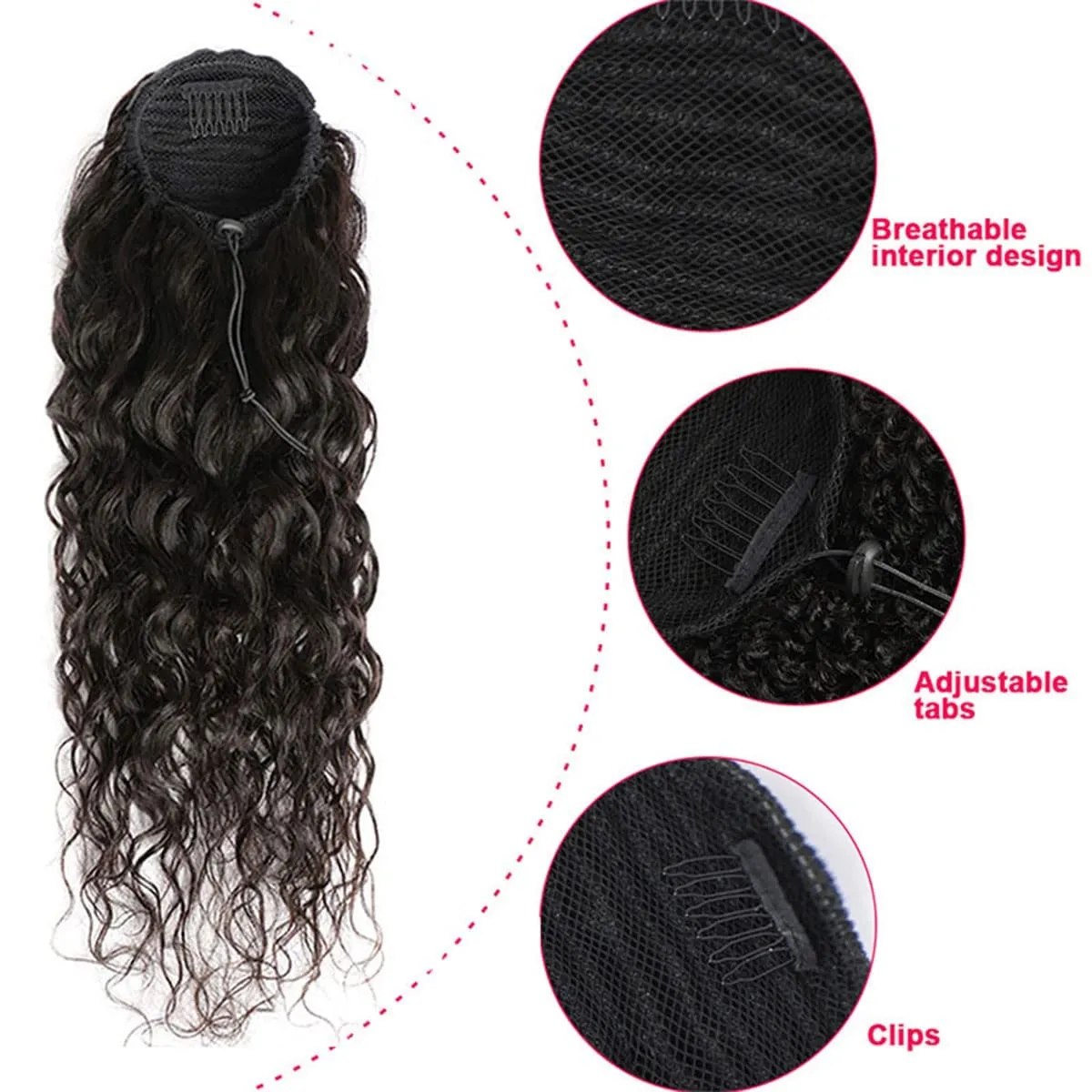 Drawstring Ponytail Water Wave Human Hair Clip in Hair Extension Curly Wave Natural Black 100% Brazilian Human Hair Ponytails Afro for Black Women Ponytail (16 Inches,115g)