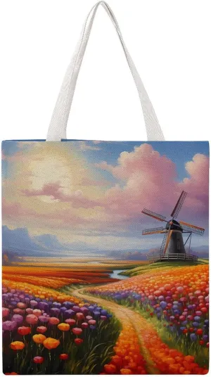Dutch Windmills Tulips Canvas Tote Bags Lightweight Grocery Shopping Cloth Bags Shoulder Handbag for Women