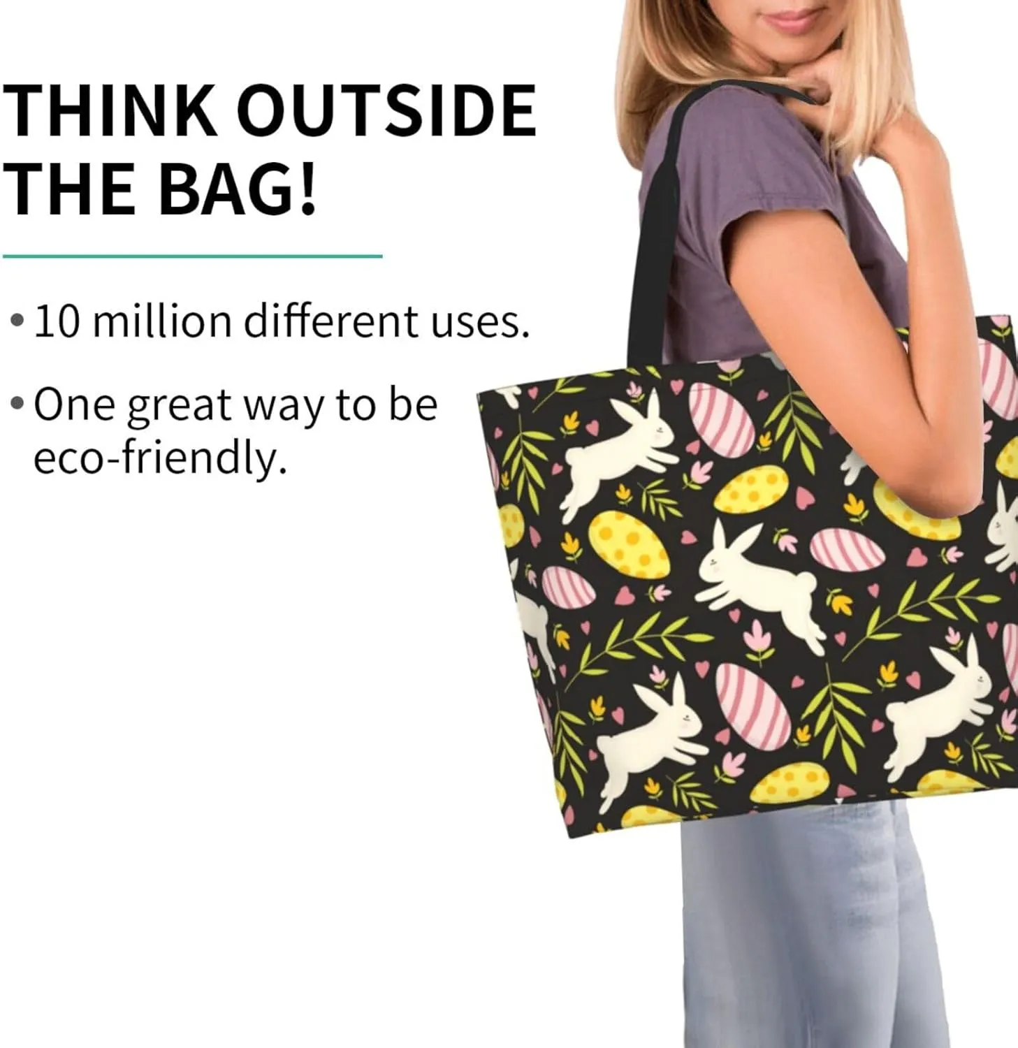 Easter Bags, Easter Bunny Tote Bag for Women Men Reusable Rabbits Shoulder Bag for Shopping, Beach, Travel, Work, Gym