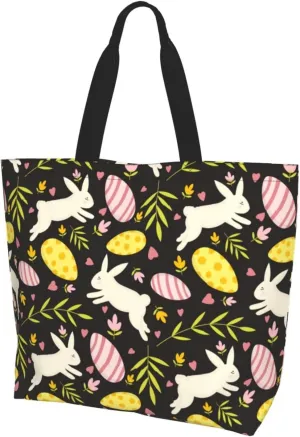 Easter Bags, Easter Bunny Tote Bag for Women Men Reusable Rabbits Shoulder Bag for Shopping, Beach, Travel, Work, Gym
