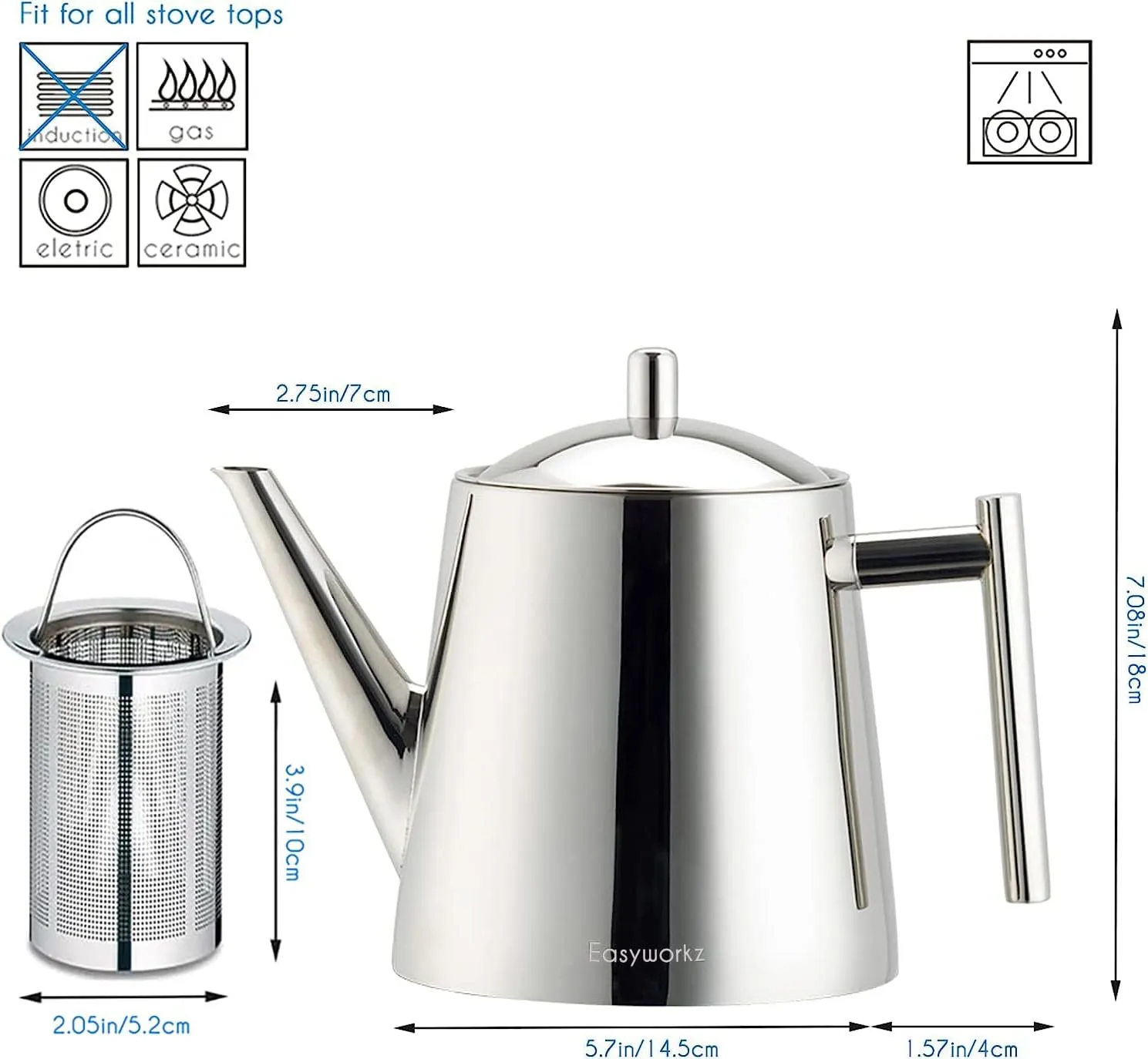 Easyworkz Stainless Steel Teapot With Removeable Infuser 50 oz Stovetop Tea Maker for Fruit Herbal and Infusion