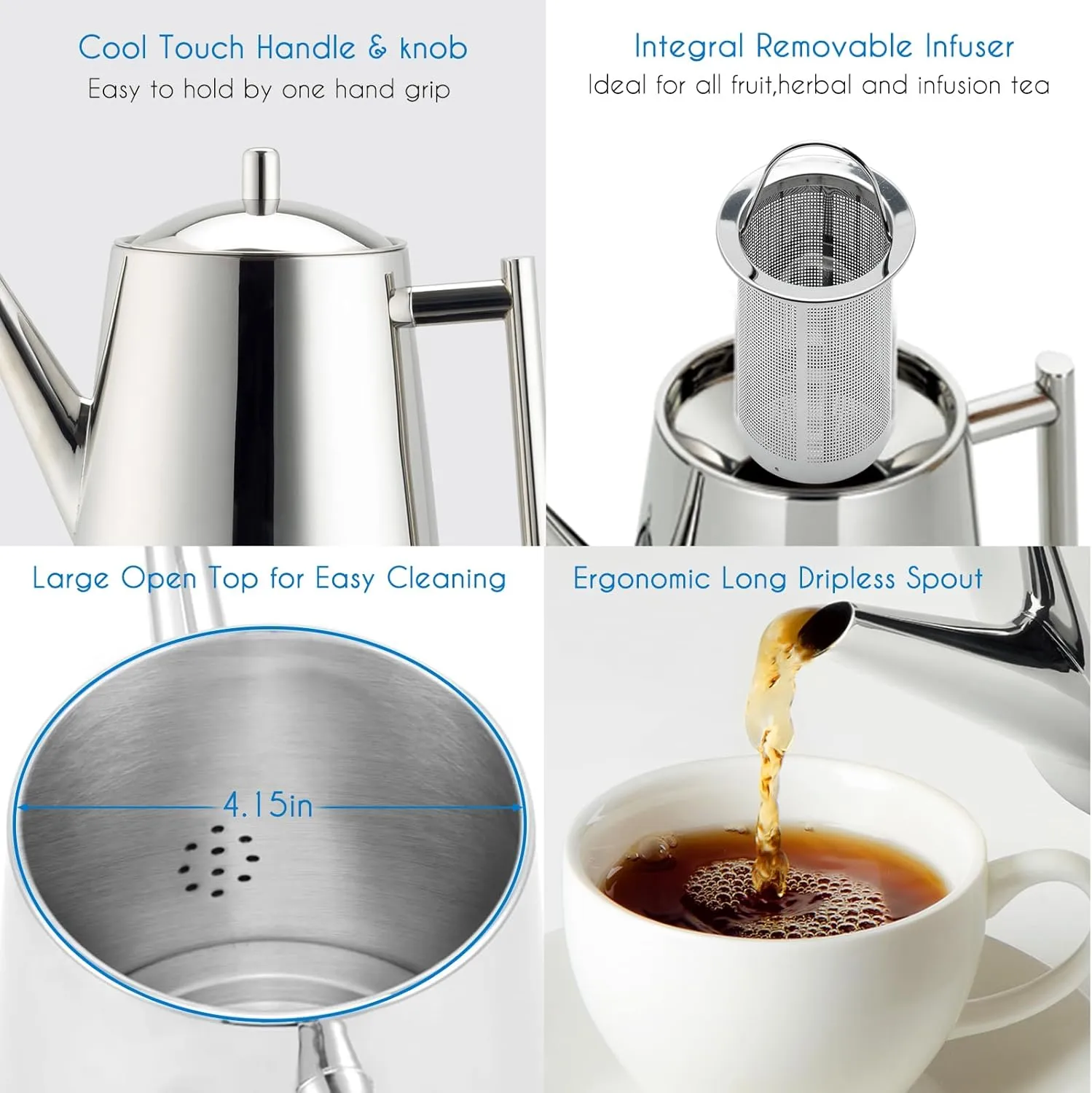 Easyworkz Stainless Steel Teapot With Removeable Infuser 50 oz Stovetop Tea Maker for Fruit Herbal and Infusion
