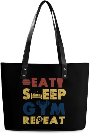 Eat Sleep Gym Women's Tote Bag Leather Purse Shoulder Handbag Portable Shopping Bag for Travel Office
