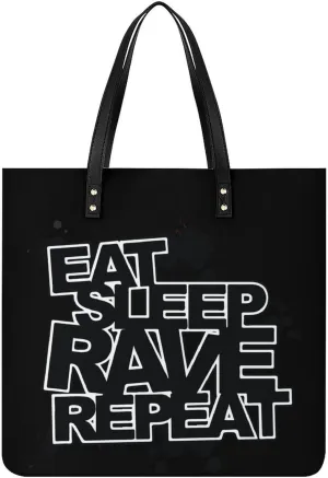 Eat Sleep Rave Repeat Leather Tote Bags Casual Shoulder Handbag Purses Portable Shopping Bag for Men Women