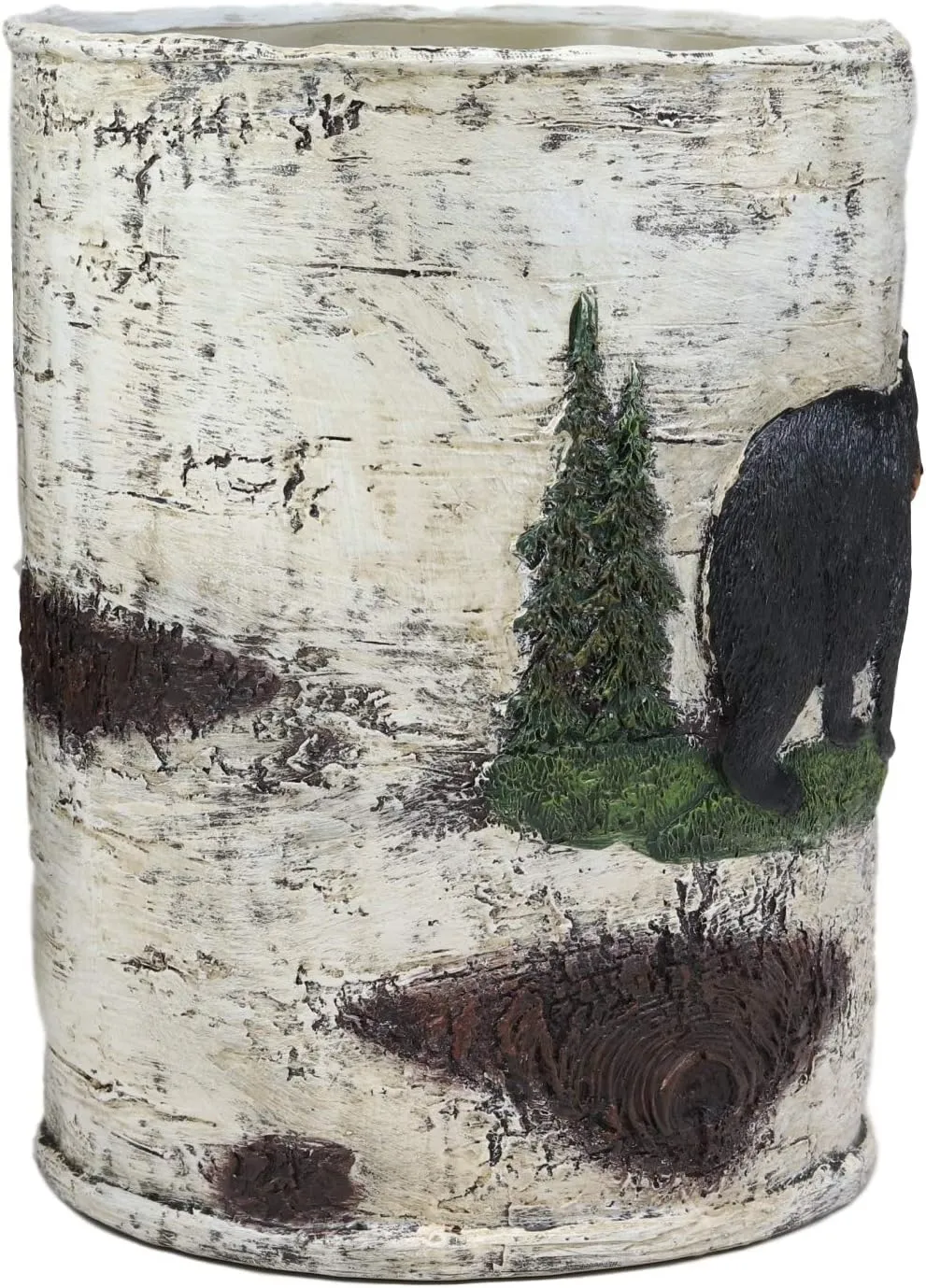 Ebros Wildlife Rustic Black Bear in Pine Trees Forest Bathroom Accent Resin Figurine Accessories with Birch Wood Finish Western Country Cabin Lodge Decorative (Waste Basket Bin)