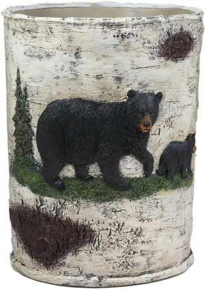 Ebros Wildlife Rustic Black Bear in Pine Trees Forest Bathroom Accent Resin Figurine Accessories with Birch Wood Finish Western Country Cabin Lodge Decorative (Waste Basket Bin)