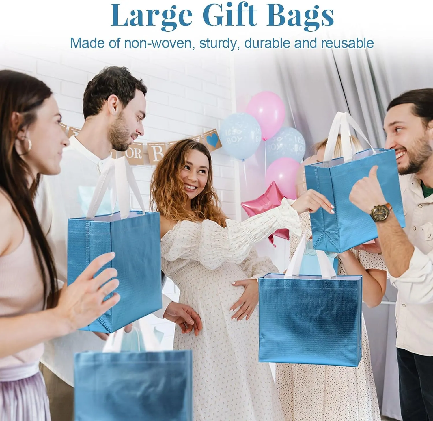 Eccliy 80 Pieces Gift Bags Set Glossy Reusable Tote with Handles Grocery Bags Bulk for Wedding, Bachelorette Party, Christmas(Large,Lake Blue)