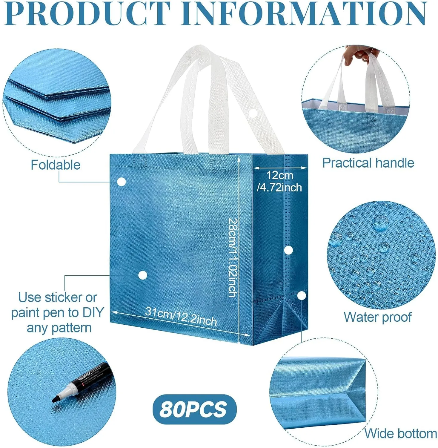 Eccliy 80 Pieces Gift Bags Set Glossy Reusable Tote with Handles Grocery Bags Bulk for Wedding, Bachelorette Party, Christmas(Large,Lake Blue)