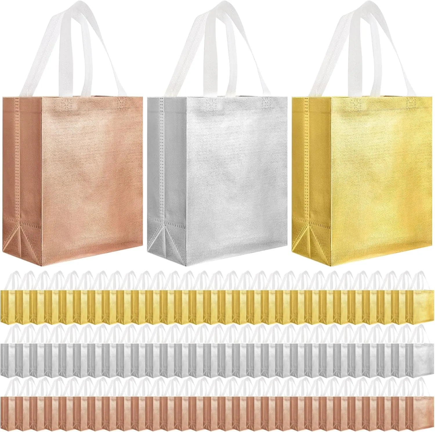 Eccliy 80 Pieces Gift Bags Set Glossy Reusable Tote with Handles Grocery Bags Bulk for Wedding, Bachelorette Party, Christmas(Medium,Gold,Silver,Rose Gold)