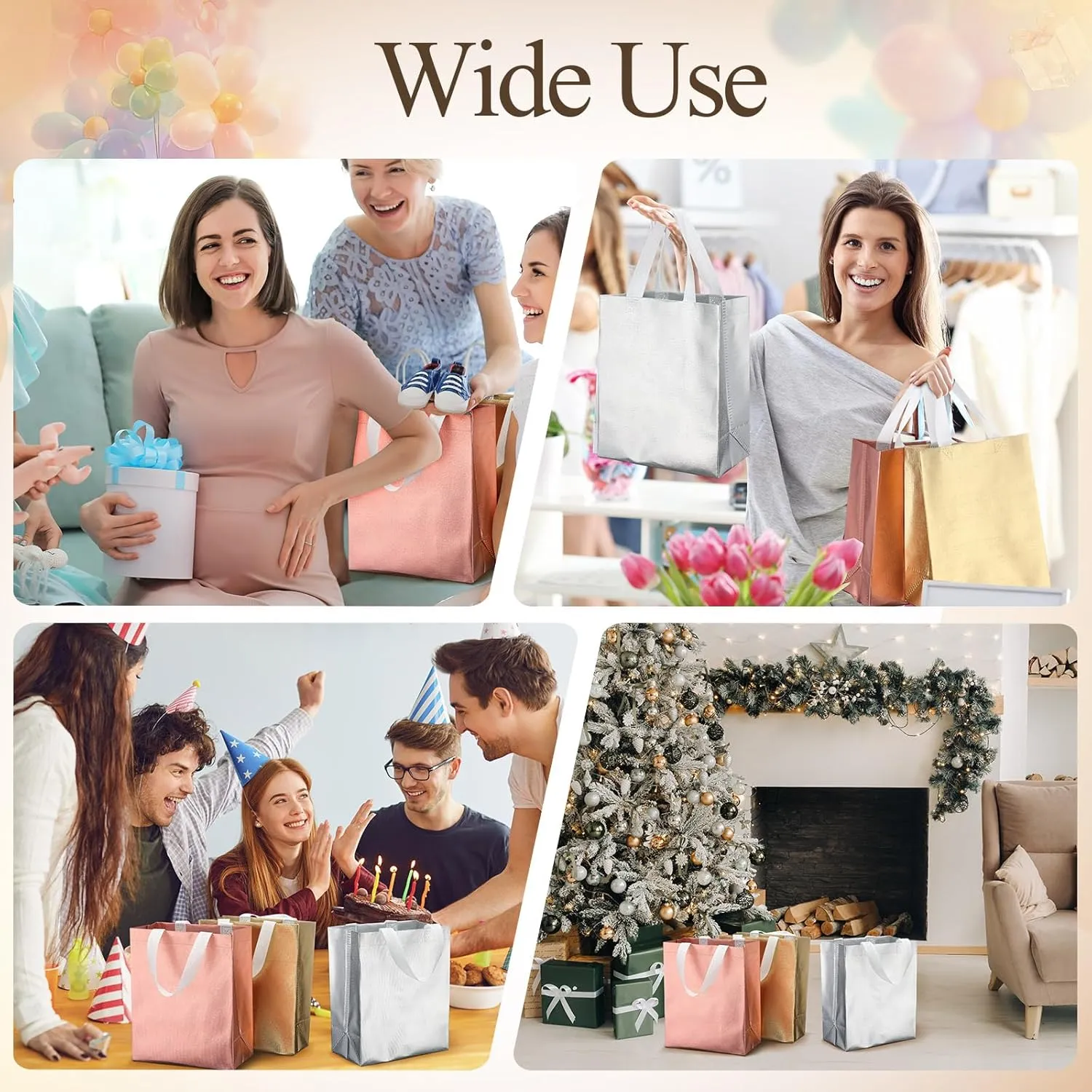 Eccliy 80 Pieces Gift Bags Set Glossy Reusable Tote with Handles Grocery Bags Bulk for Wedding, Bachelorette Party, Christmas(Medium,Gold,Silver,Rose Gold)